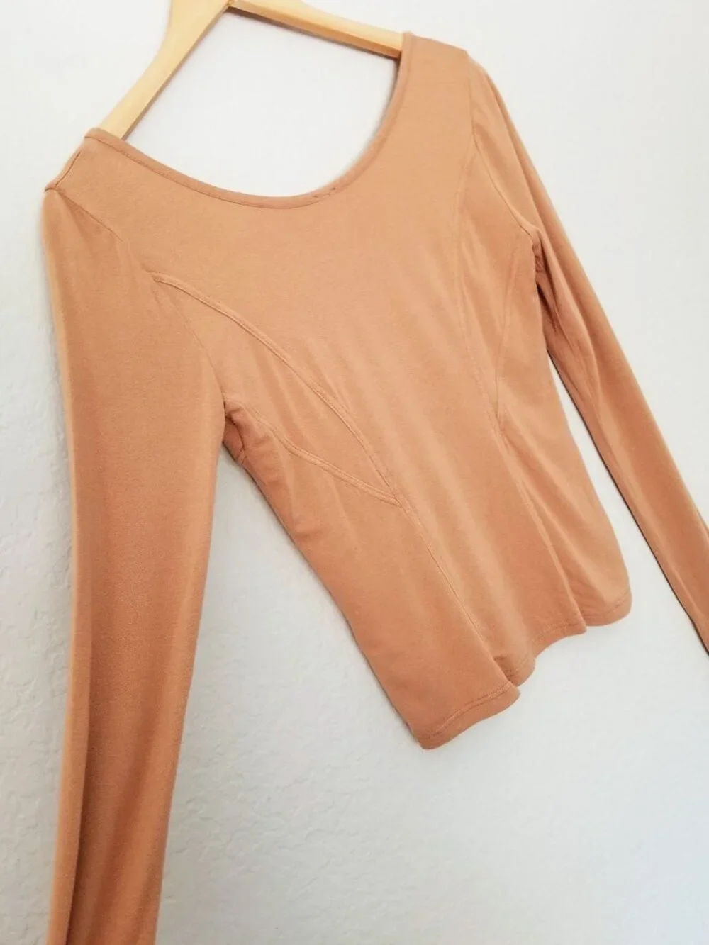 Free People Lace Coset Inset Sweetheart Long Sleeves Top M Camel Stretch Knit